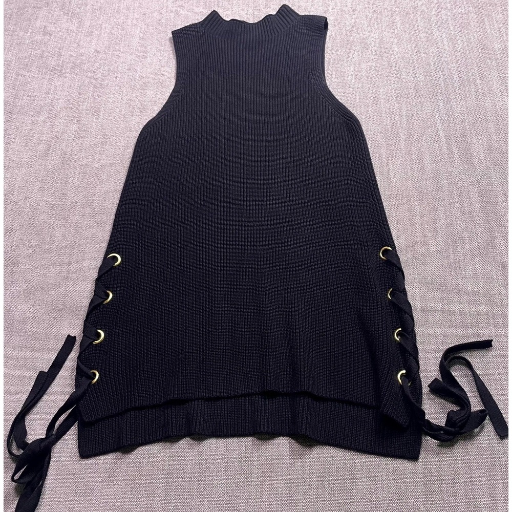 Michael Kors Womens Black Tunic Sweater Medium Side Lace Up Mock Neck Sleeveless